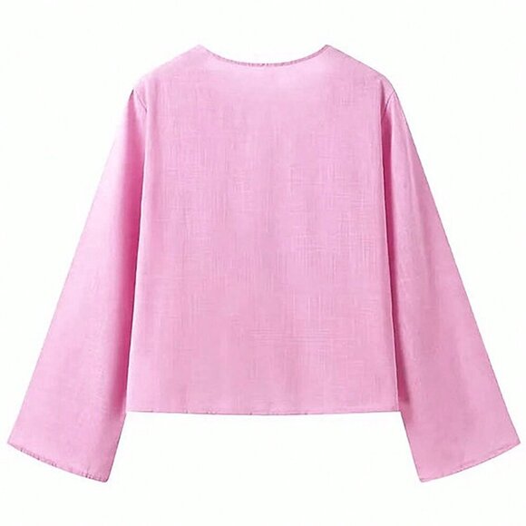Pink Casual Women's Front Tie Shirt - Picture 6 of 6